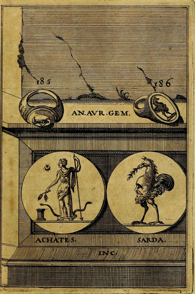 An illustration from Dactyliothecae, seu Annulorum sigillarium quorum priscos tam Graecos quam Romanos usus, ex ferro, aere, argento & auro promptuarii ... Collectis aliunde & ineditis & editis annulorum figuris auctior;, 1695, leaf 196
