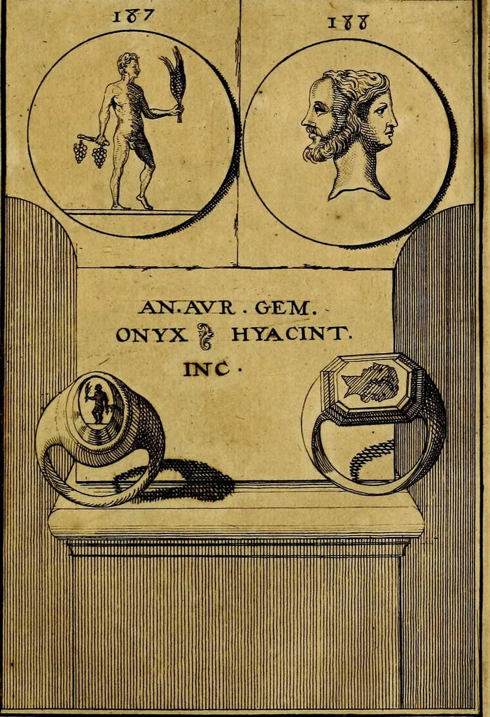 An illustration from Dactyliothecae, seu Annulorum sigillarium quorum priscos tam Graecos quam Romanos usus, ex ferro, aere, argento & auro promptuarii ... Collectis aliunde & ineditis & editis annulorum figuris auctior;, 1695, leaf 198