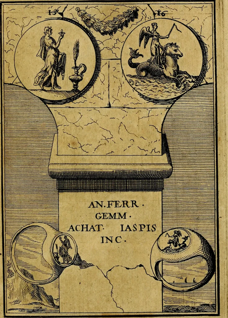 An illustration from Dactyliothecae, seu Annulorum sigillarium quorum priscos tam Graecos quam Romanos usus, ex ferro, aere, argento & auro promptuarii ... Collectis aliunde & ineditis & editis annulorum figuris auctior;, 1695, leaf 20
