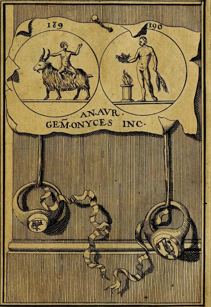 An illustration from Dactyliothecae, seu Annulorum sigillarium quorum priscos tam Graecos quam Romanos usus, ex ferro, aere, argento & auro promptuarii ... Collectis aliunde & ineditis & editis annulorum figuris auctior;, 1695, leaf 200