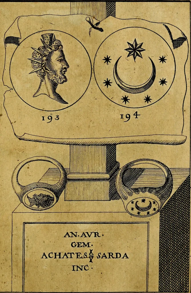 An illustration from Dactyliothecae, seu Annulorum sigillarium quorum priscos tam Graecos quam Romanos usus, ex ferro, aere, argento & auro promptuarii ... Collectis aliunde & ineditis & editis annulorum figuris auctior;, 1695, leaf 204