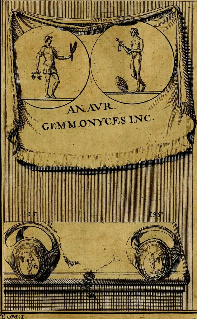 An illustration from Dactyliothecae, seu Annulorum sigillarium quorum priscos tam Graecos quam Romanos usus, ex ferro, aere, argento & auro promptuarii ... Collectis aliunde & ineditis & editis annulorum figuris auctior;, 1695, leaf 206