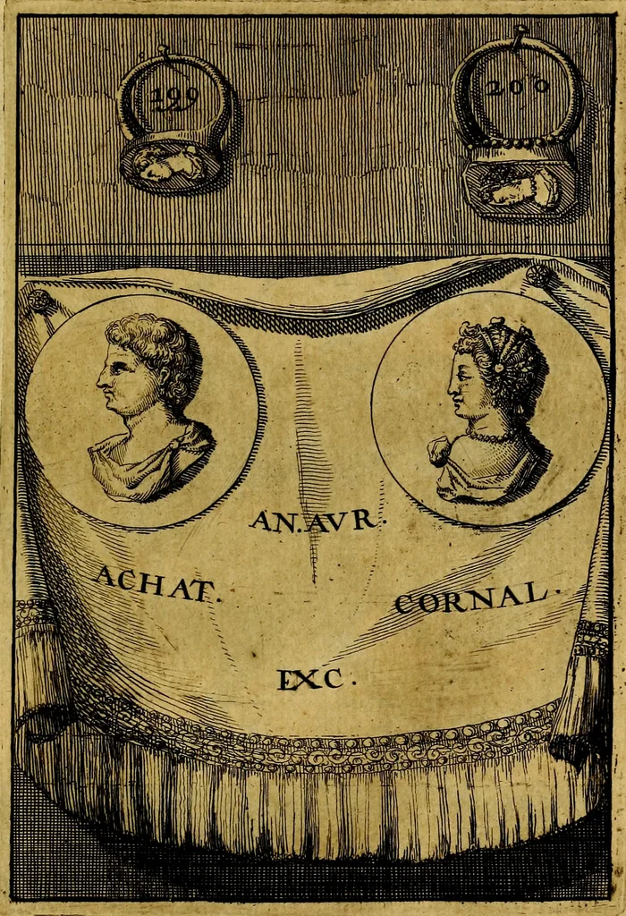 An illustration from Dactyliothecae, seu Annulorum sigillarium quorum priscos tam Graecos quam Romanos usus, ex ferro, aere, argento & auro promptuarii ... Collectis aliunde & ineditis & editis annulorum figuris auctior;, 1695, leaf 210