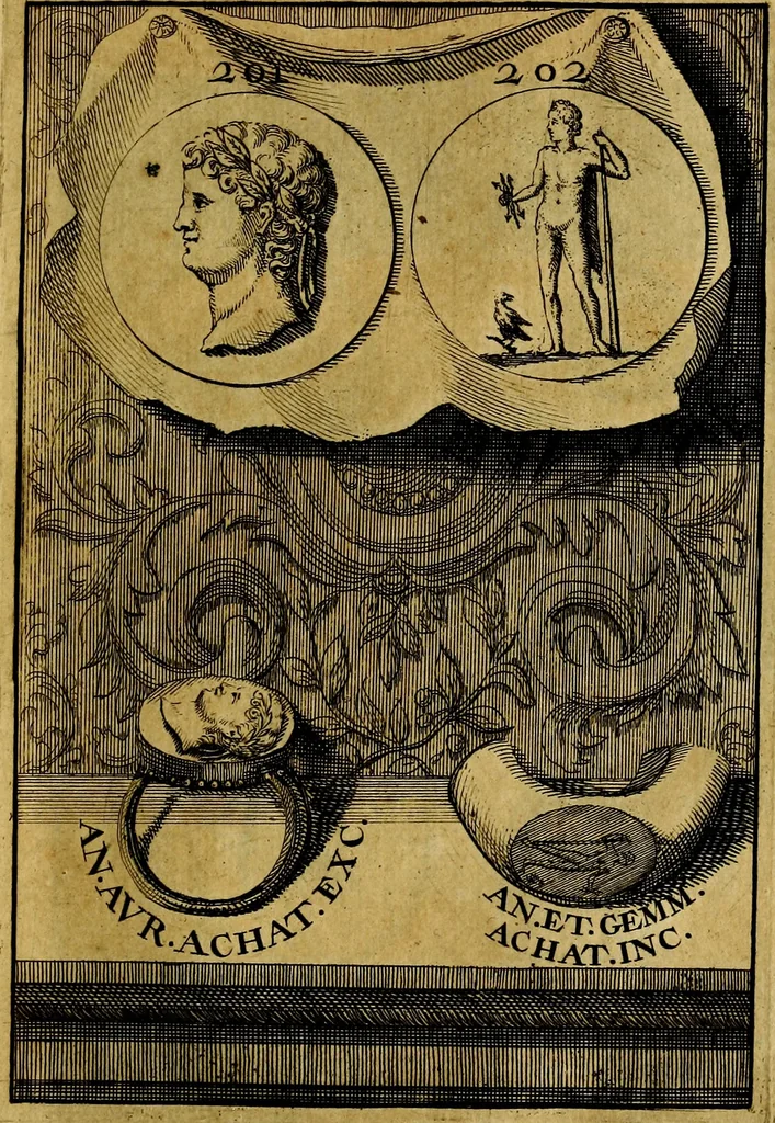 An illustration from Dactyliothecae, seu Annulorum sigillarium quorum priscos tam Graecos quam Romanos usus, ex ferro, aere, argento & auro promptuarii ... Collectis aliunde & ineditis & editis annulorum figuris auctior;, 1695, leaf 212