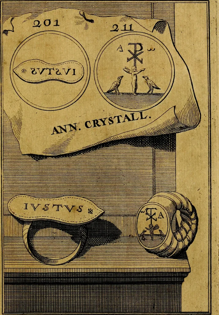An illustration from Dactyliothecae, seu Annulorum sigillarium quorum priscos tam Graecos quam Romanos usus, ex ferro, aere, argento & auro promptuarii ... Collectis aliunde & ineditis & editis annulorum figuris auctior;, 1695, leaf 216