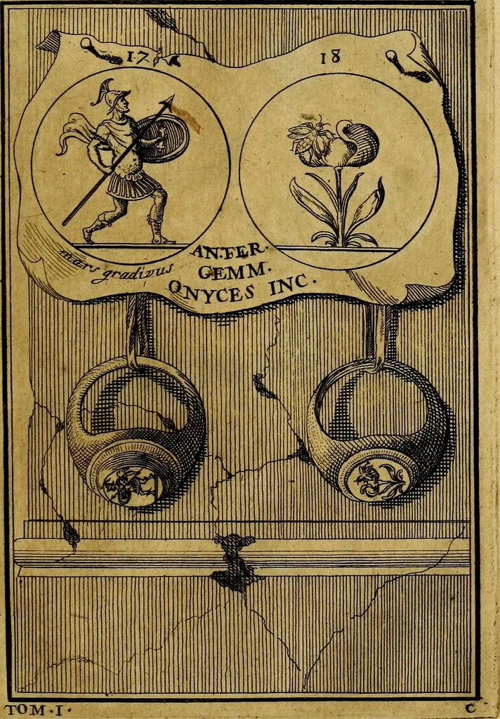 An illustration from Dactyliothecae, seu Annulorum sigillarium quorum priscos tam Graecos quam Romanos usus, ex ferro, aere, argento & auro promptuarii ... Collectis aliunde & ineditis & editis annulorum figuris auctior;, 1695, leaf 22