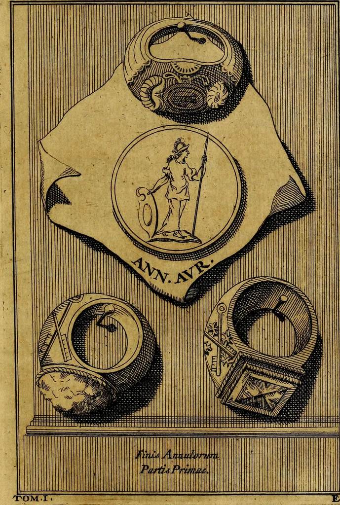 An illustration from Dactyliothecae, seu Annulorum sigillarium quorum priscos tam Graecos quam Romanos usus, ex ferro, aere, argento & auro promptuarii ... Collectis aliunde & ineditis & editis annulorum figuris auctior;, 1695, leaf 220
