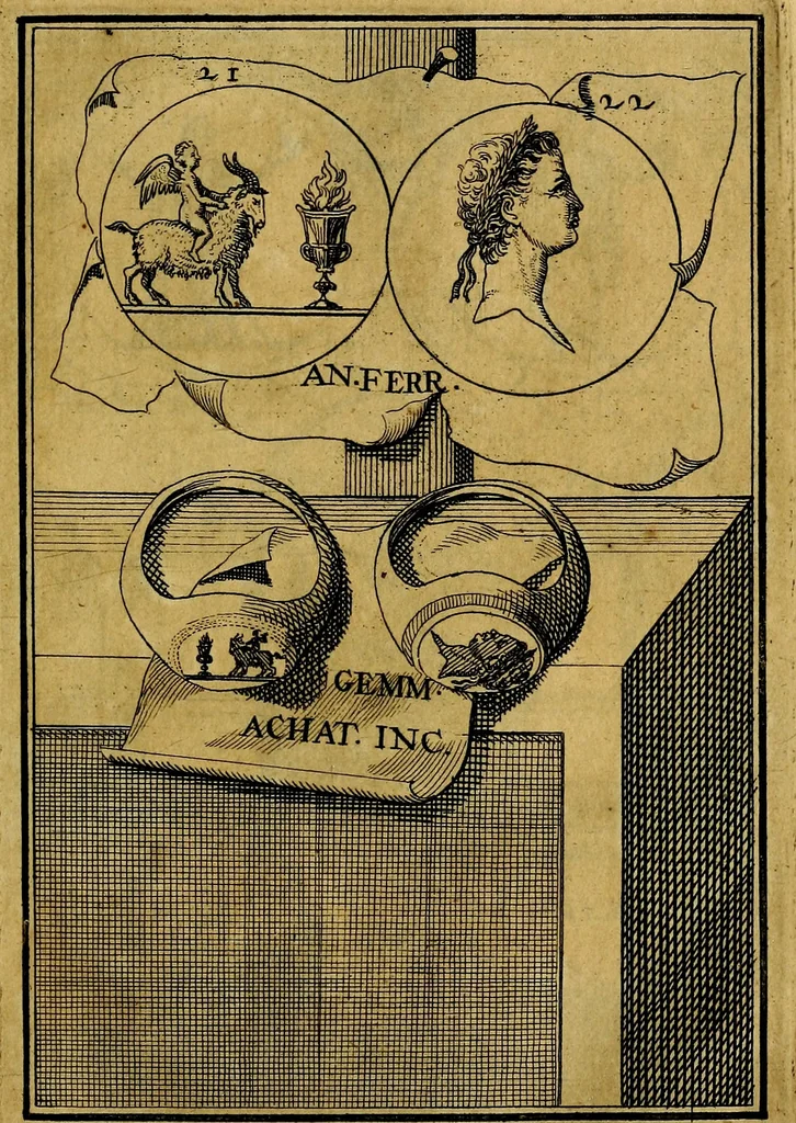 An illustration from Dactyliothecae, seu Annulorum sigillarium quorum priscos tam Graecos quam Romanos usus, ex ferro, aere, argento & auro promptuarii ... Collectis aliunde & ineditis & editis annulorum figuris auctior;, 1695, leaf 26