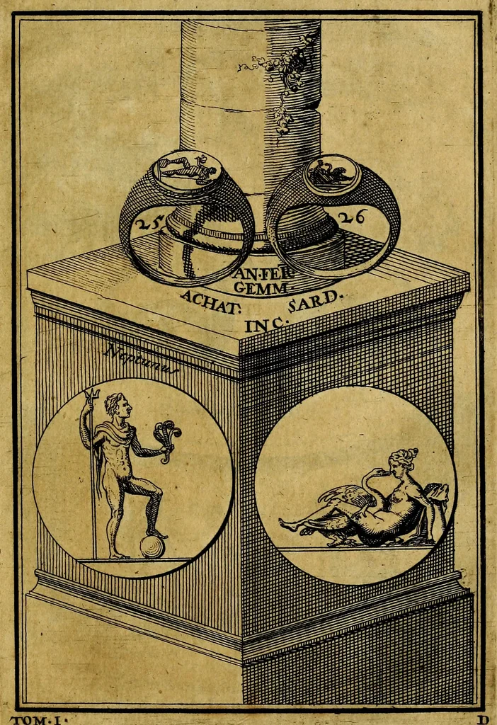 An illustration from Dactyliothecae, seu Annulorum sigillarium quorum priscos tam Graecos quam Romanos usus, ex ferro, aere, argento & auro promptuarii ... Collectis aliunde & ineditis & editis annulorum figuris auctior;, 1695, leaf 30
