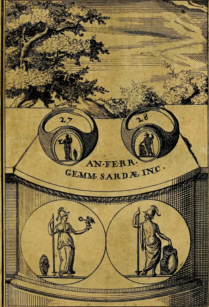 An illustration from Dactyliothecae, seu Annulorum sigillarium quorum priscos tam Graecos quam Romanos usus, ex ferro, aere, argento & auro promptuarii ... Collectis aliunde & ineditis & editis annulorum figuris auctior;, 1695, leaf 32