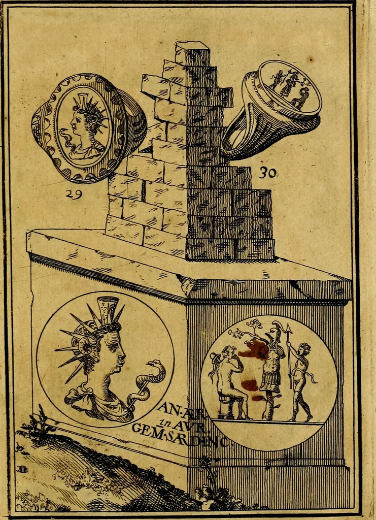 An illustration from Dactyliothecae, seu Annulorum sigillarium quorum priscos tam Graecos quam Romanos usus, ex ferro, aere, argento & auro promptuarii ... Collectis aliunde & ineditis & editis annulorum figuris auctior;, 1695, leaf 34