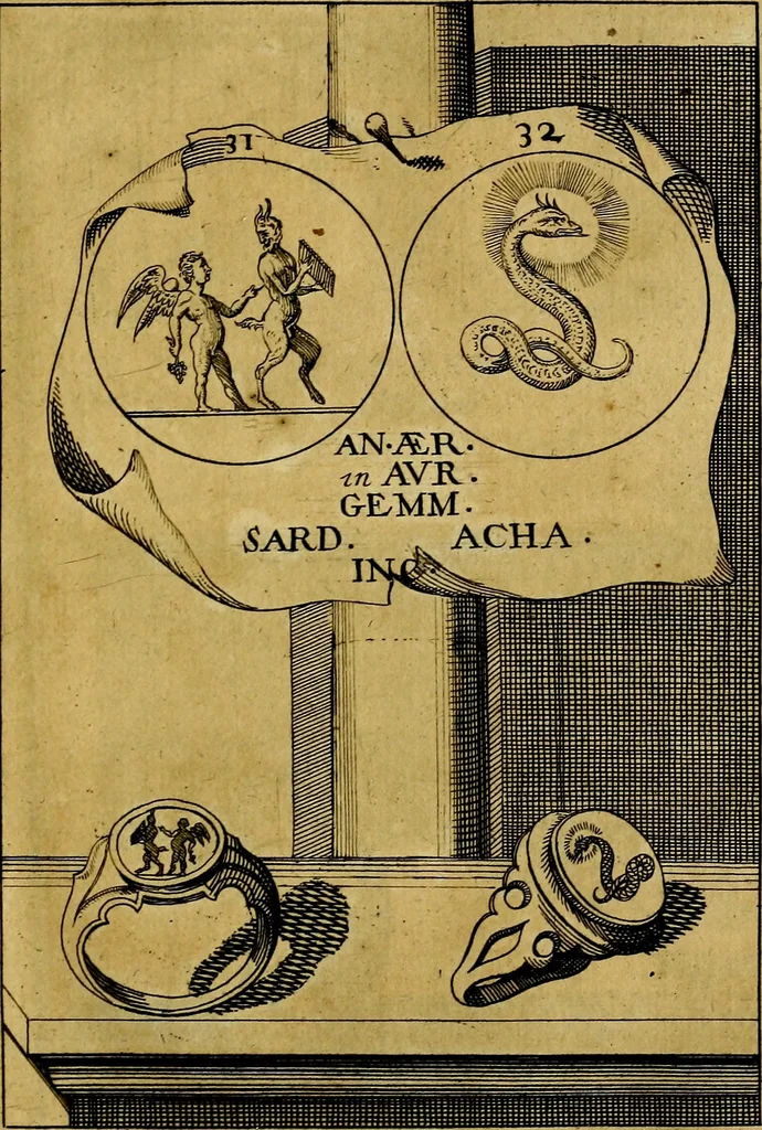 An illustration from Dactyliothecae, seu Annulorum sigillarium quorum priscos tam Graecos quam Romanos usus, ex ferro, aere, argento & auro promptuarii ... Collectis aliunde & ineditis & editis annulorum figuris auctior;, 1695, leaf 36
