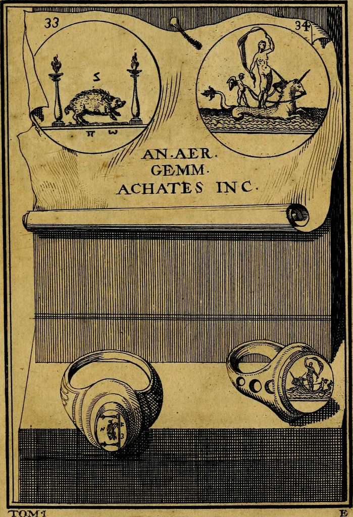 An illustration from Dactyliothecae, seu Annulorum sigillarium quorum priscos tam Graecos quam Romanos usus, ex ferro, aere, argento & auro promptuarii ... Collectis aliunde & ineditis & editis annulorum figuris auctior;, 1695, leaf 38