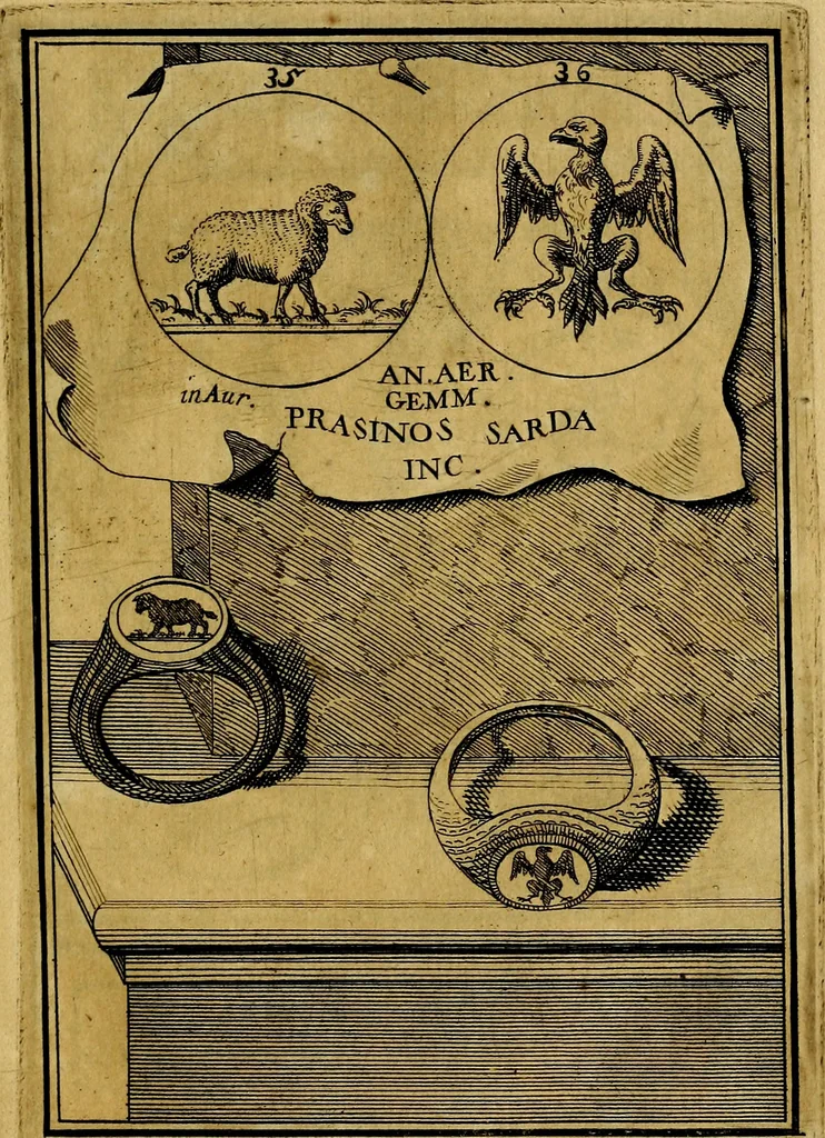An illustration from Dactyliothecae, seu Annulorum sigillarium quorum priscos tam Graecos quam Romanos usus, ex ferro, aere, argento & auro promptuarii ... Collectis aliunde & ineditis & editis annulorum figuris auctior;, 1695, leaf 40