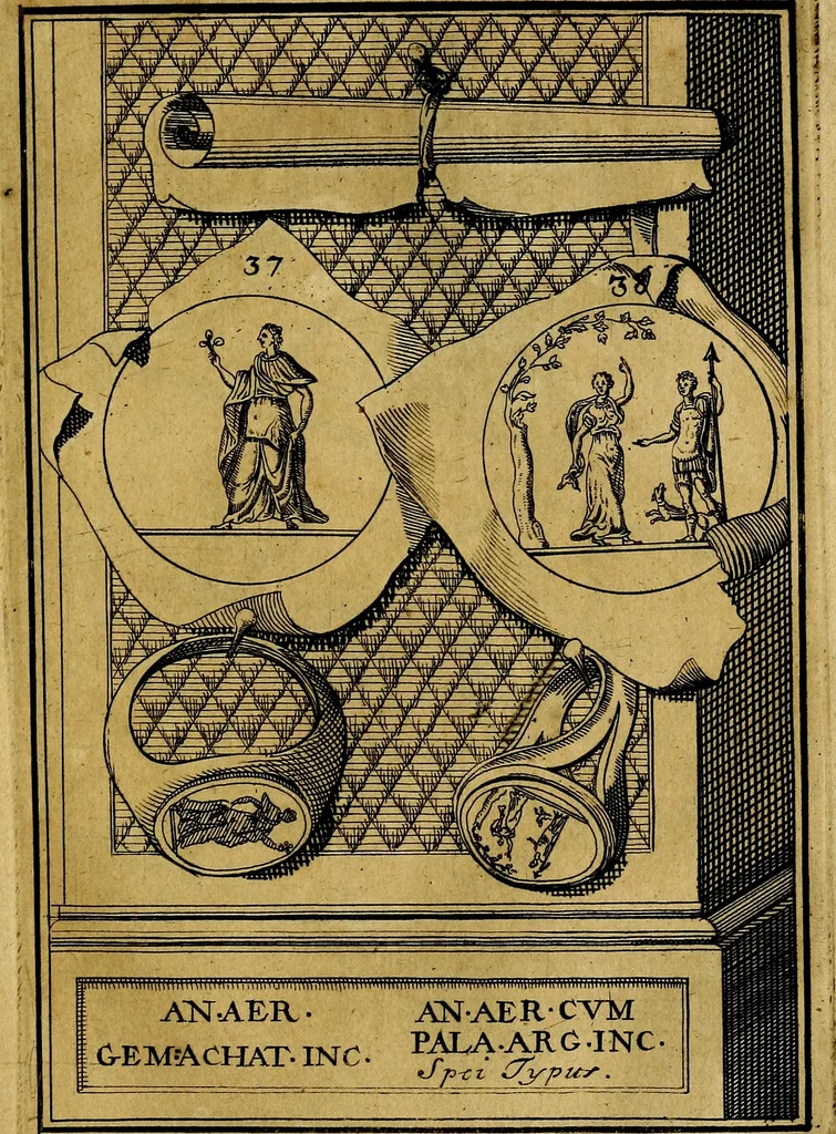 An illustration from Dactyliothecae, seu Annulorum sigillarium quorum priscos tam Graecos quam Romanos usus, ex ferro, aere, argento & auro promptuarii ... Collectis aliunde & ineditis & editis annulorum figuris auctior;, 1695, leaf 42