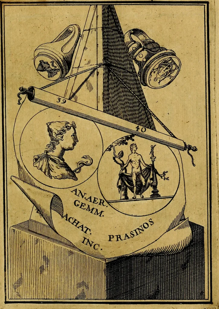 An illustration from Dactyliothecae, seu Annulorum sigillarium quorum priscos tam Graecos quam Romanos usus, ex ferro, aere, argento & auro promptuarii ... Collectis aliunde & ineditis & editis annulorum figuris auctior;, 1695, leaf 44