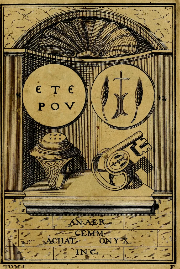 An illustration from Dactyliothecae, seu Annulorum sigillarium quorum priscos tam Graecos quam Romanos usus, ex ferro, aere, argento & auro promptuarii ... Collectis aliunde & ineditis & editis annulorum figuris auctior;, 1695, leaf 46