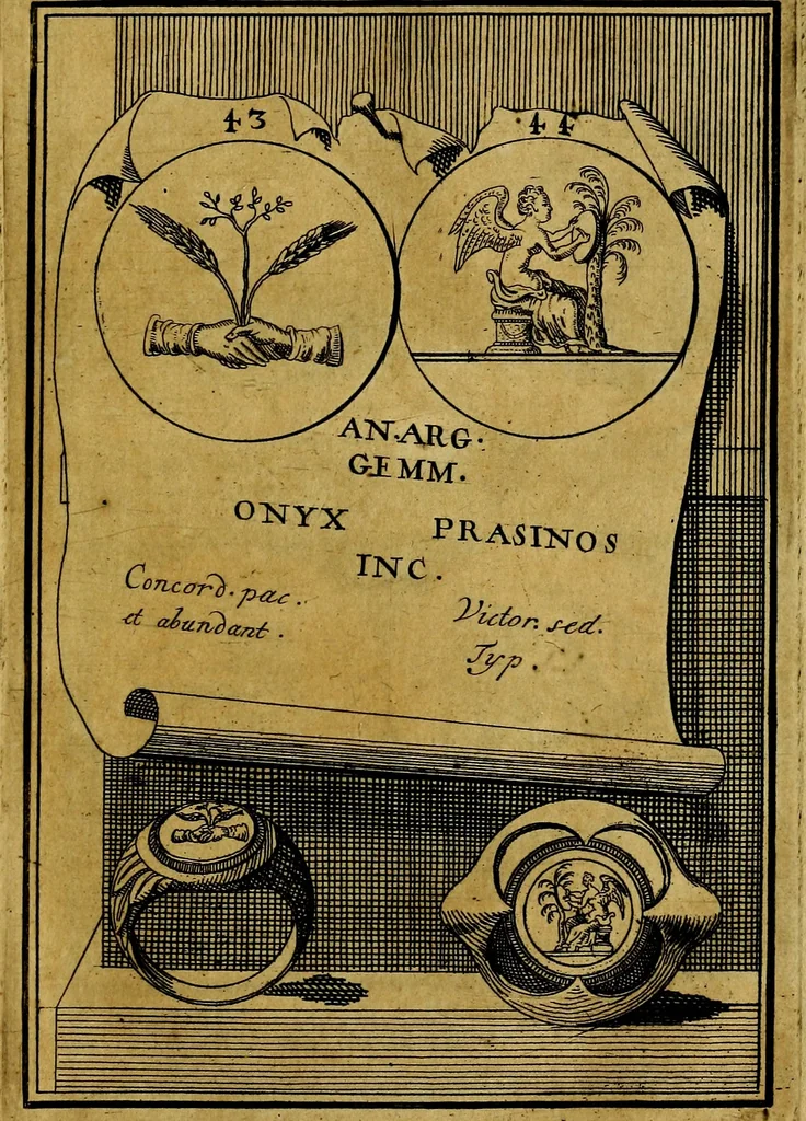 An illustration from Dactyliothecae, seu Annulorum sigillarium quorum priscos tam Graecos quam Romanos usus, ex ferro, aere, argento & auro promptuarii ... Collectis aliunde & ineditis & editis annulorum figuris auctior;, 1695, leaf 48