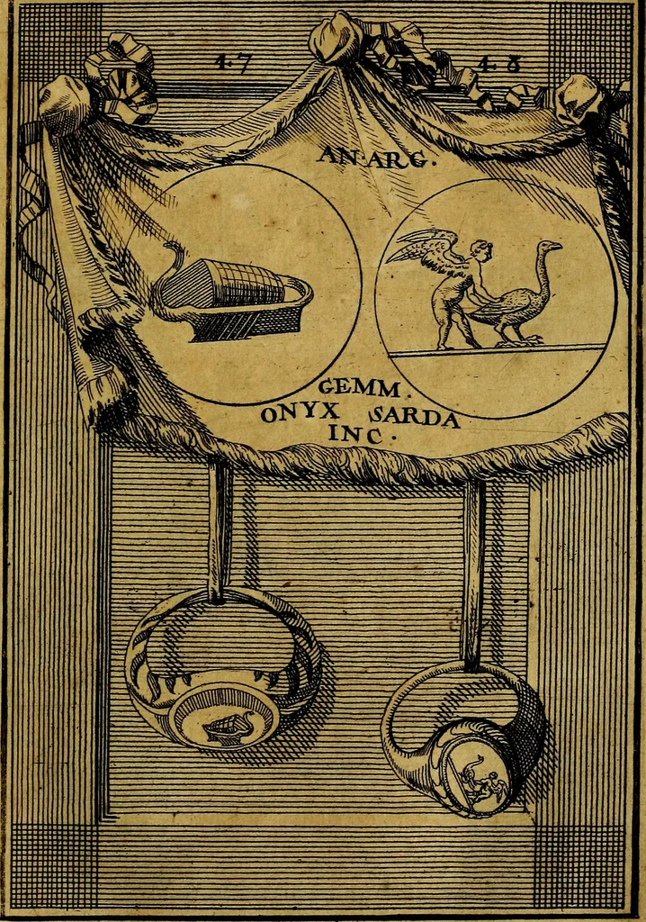 An illustration from Dactyliothecae, seu Annulorum sigillarium quorum priscos tam Graecos quam Romanos usus, ex ferro, aere, argento & auro promptuarii ... Collectis aliunde & ineditis & editis annulorum figuris auctior;, 1695, leaf 52