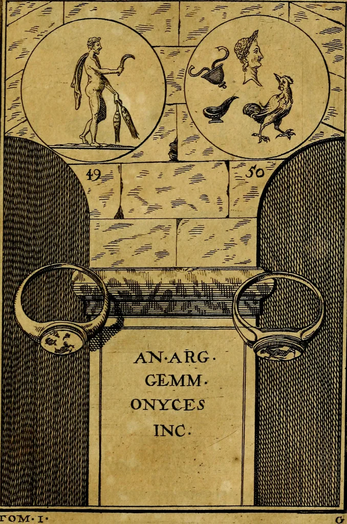 An illustration from Dactyliothecae, seu Annulorum sigillarium quorum priscos tam Graecos quam Romanos usus, ex ferro, aere, argento & auro promptuarii ... Collectis aliunde & ineditis & editis annulorum figuris auctior;, 1695, leaf 54