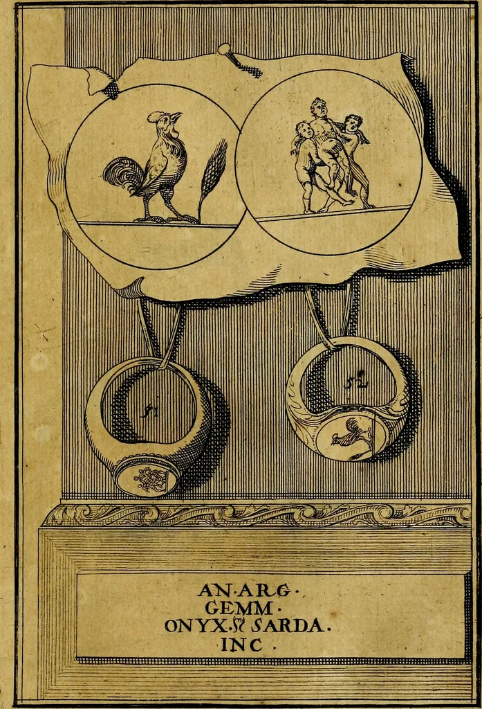 An illustration from Dactyliothecae, seu Annulorum sigillarium quorum priscos tam Graecos quam Romanos usus, ex ferro, aere, argento & auro promptuarii ... Collectis aliunde & ineditis & editis annulorum figuris auctior;, 1695, leaf 56