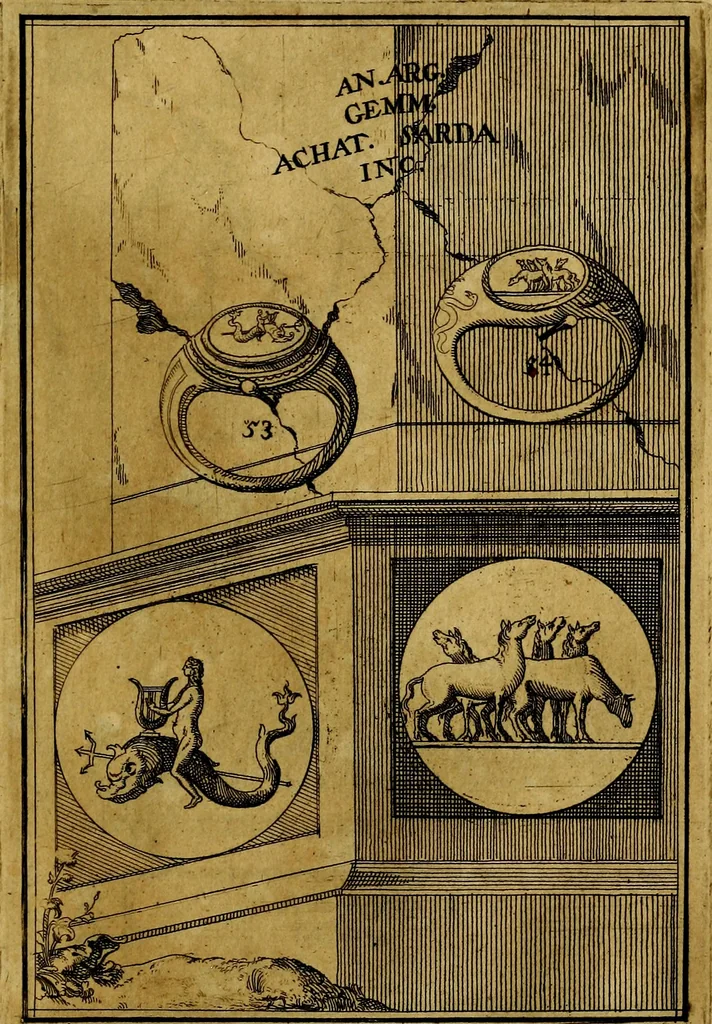 An illustration from Dactyliothecae, seu Annulorum sigillarium quorum priscos tam Graecos quam Romanos usus, ex ferro, aere, argento & auro promptuarii ... Collectis aliunde & ineditis & editis annulorum figuris auctior;, 1695, leaf 58