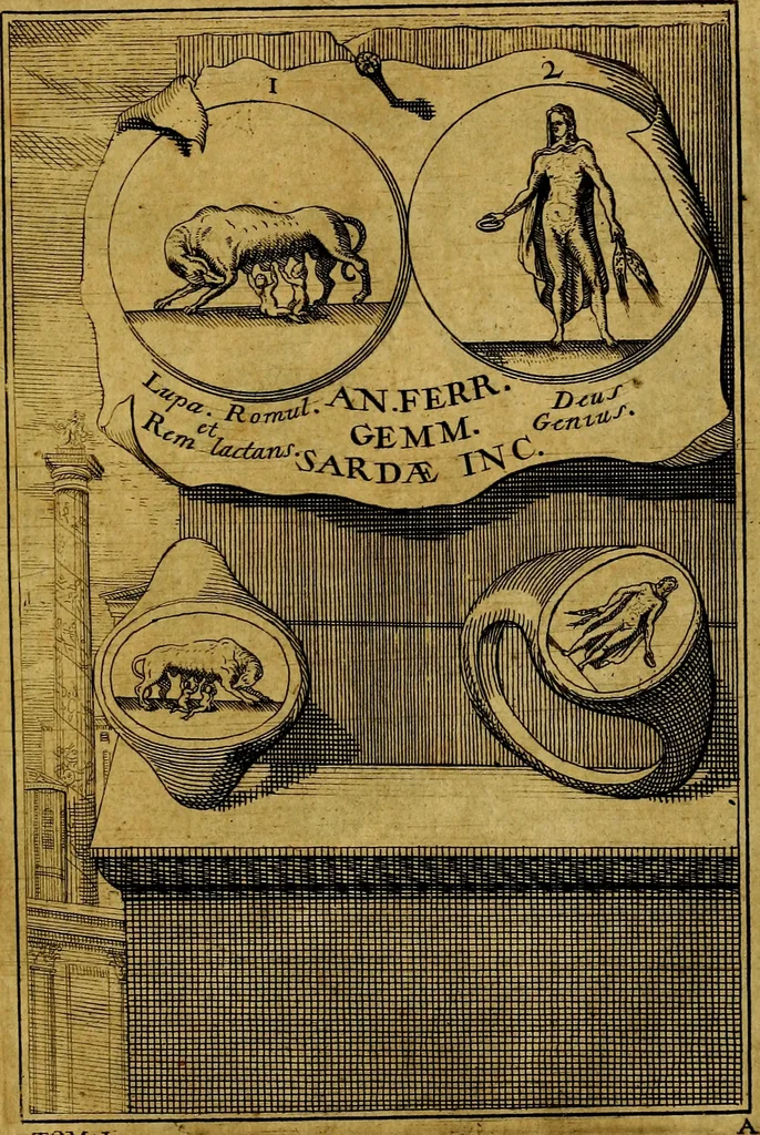 An illustration from Dactyliothecae, seu Annulorum sigillarium quorum priscos tam Graecos quam Romanos usus, ex ferro, aere, argento & auro promptuarii ... Collectis aliunde & ineditis & editis annulorum figuris auctior;, 1695, leaf 6