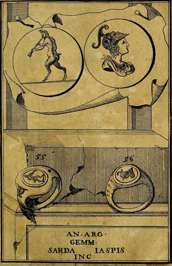 An illustration from Dactyliothecae, seu Annulorum sigillarium quorum priscos tam Graecos quam Romanos usus, ex ferro, aere, argento & auro promptuarii ... Collectis aliunde & ineditis & editis annulorum figuris auctior;, 1695, leaf 60