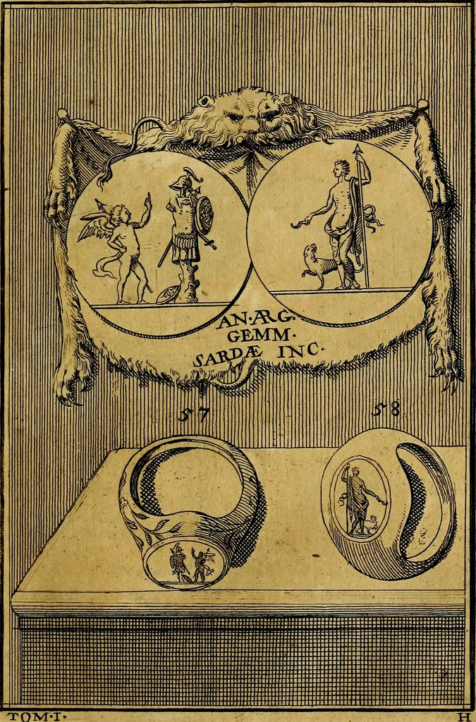 An illustration from Dactyliothecae, seu Annulorum sigillarium quorum priscos tam Graecos quam Romanos usus, ex ferro, aere, argento & auro promptuarii ... Collectis aliunde & ineditis & editis annulorum figuris auctior;, 1695, leaf 62