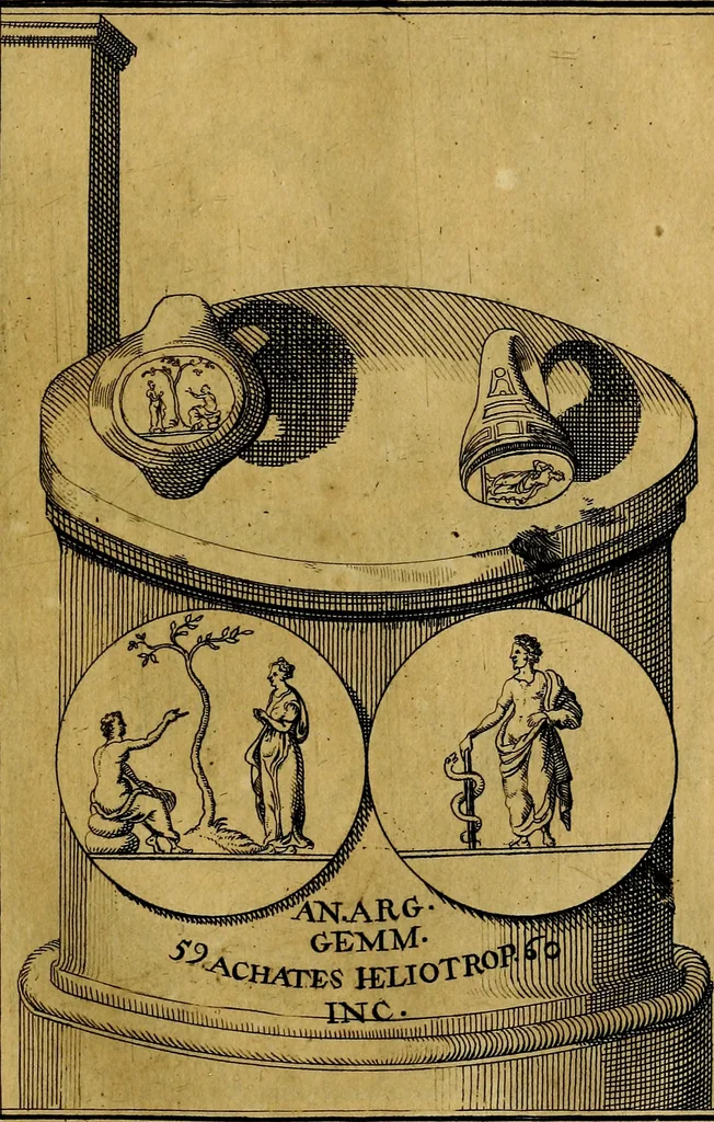 An illustration from Dactyliothecae, seu Annulorum sigillarium quorum priscos tam Graecos quam Romanos usus, ex ferro, aere, argento & auro promptuarii ... Collectis aliunde & ineditis & editis annulorum figuris auctior;, 1695, leaf 64