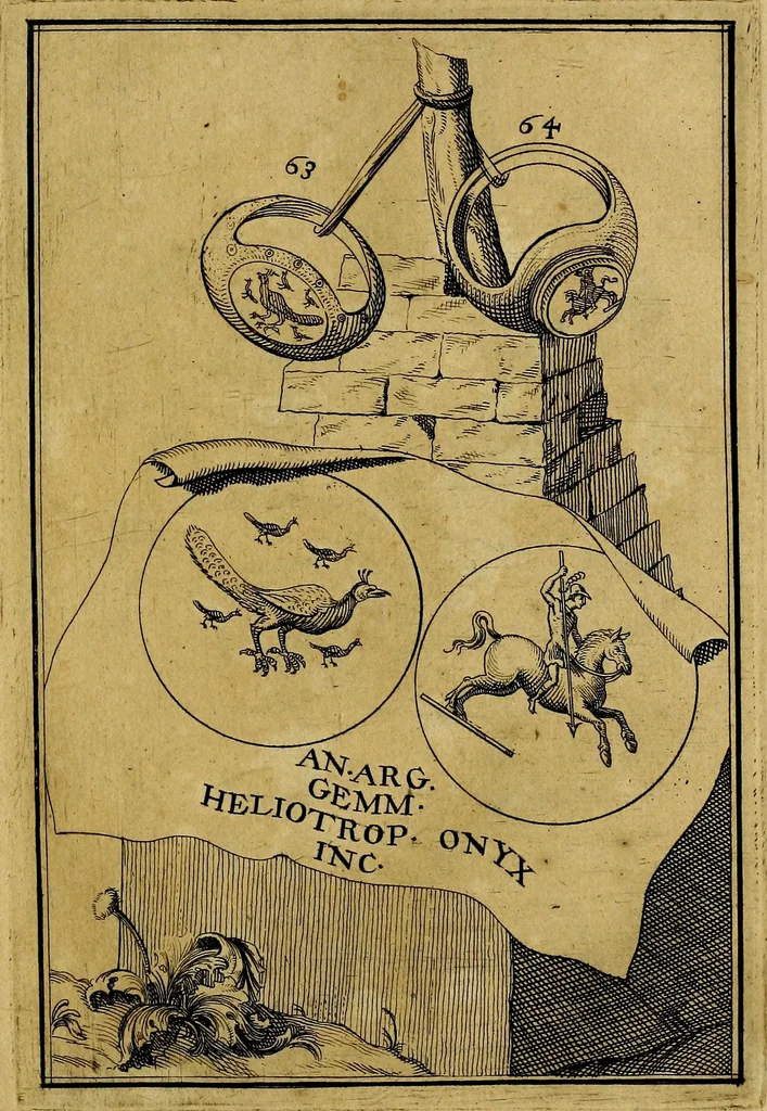 An illustration from Dactyliothecae, seu Annulorum sigillarium quorum priscos tam Graecos quam Romanos usus, ex ferro, aere, argento & auro promptuarii ... Collectis aliunde & ineditis & editis annulorum figuris auctior;, 1695, leaf 68