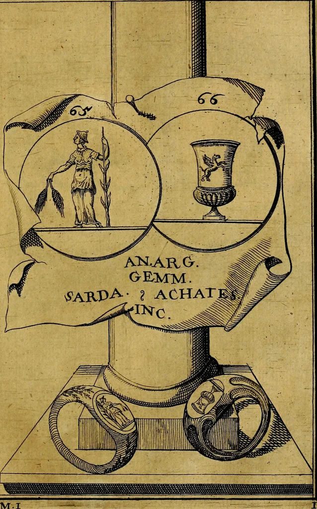 An illustration from Dactyliothecae, seu Annulorum sigillarium quorum priscos tam Graecos quam Romanos usus, ex ferro, aere, argento & auro promptuarii ... Collectis aliunde & ineditis & editis annulorum figuris auctior;, 1695, leaf 70