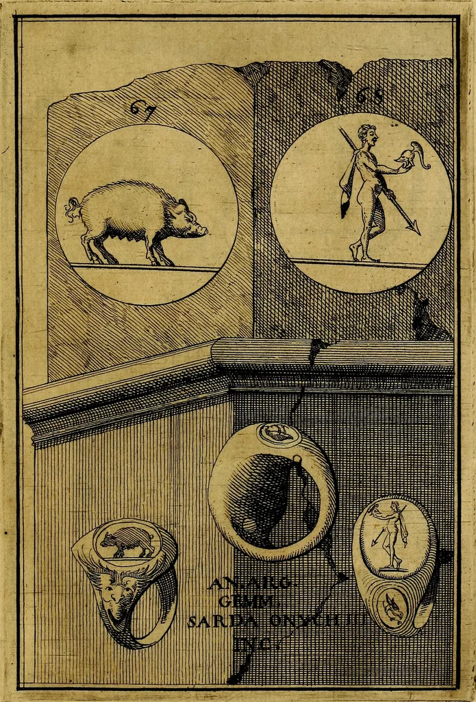 An illustration from Dactyliothecae, seu Annulorum sigillarium quorum priscos tam Graecos quam Romanos usus, ex ferro, aere, argento & auro promptuarii ... Collectis aliunde & ineditis & editis annulorum figuris auctior;, 1695, leaf 72