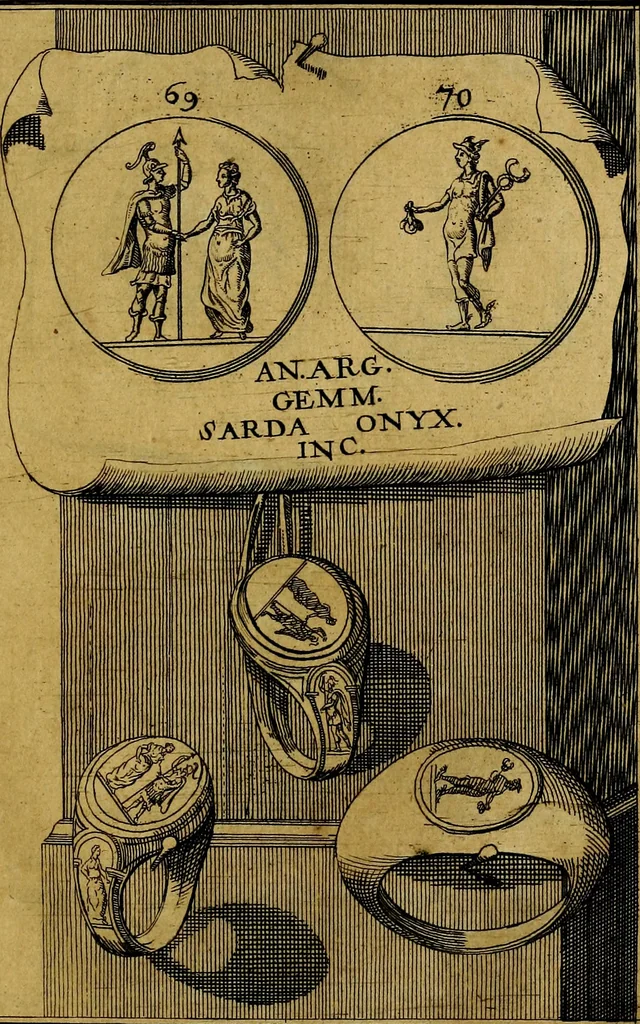 An illustration from Dactyliothecae, seu Annulorum sigillarium quorum priscos tam Graecos quam Romanos usus, ex ferro, aere, argento & auro promptuarii ... Collectis aliunde & ineditis & editis annulorum figuris auctior;, 1695, leaf 74