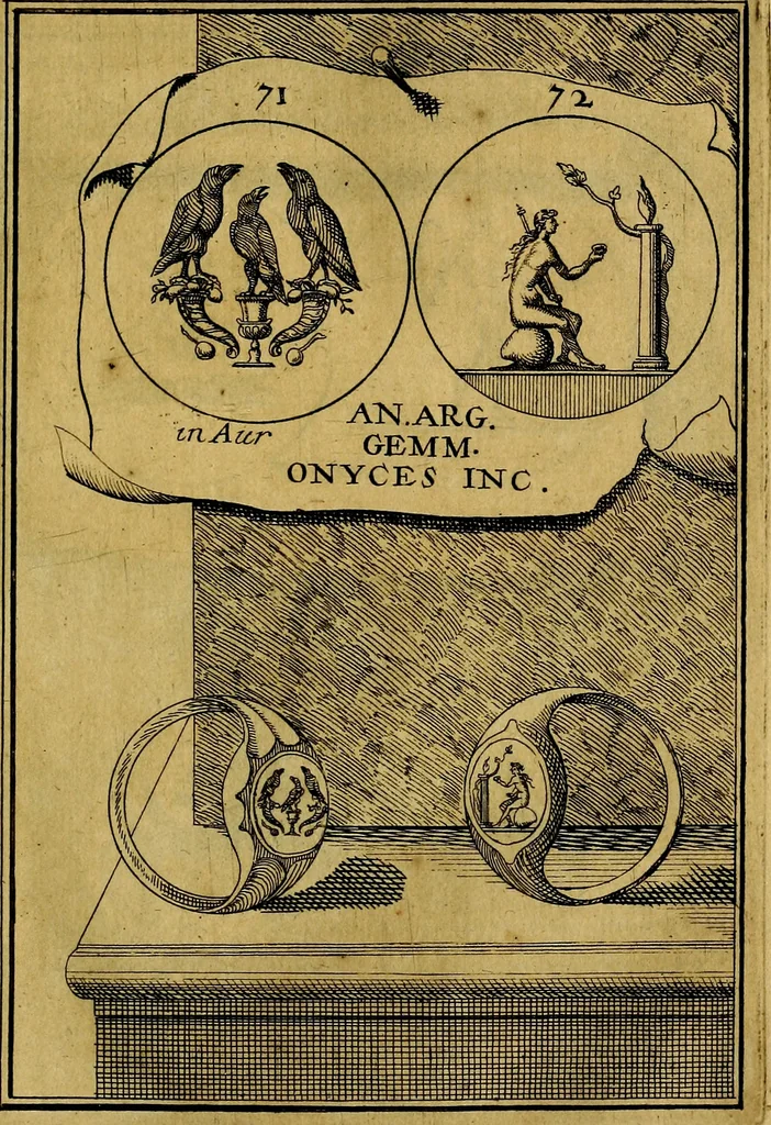 An illustration from Dactyliothecae, seu Annulorum sigillarium quorum priscos tam Graecos quam Romanos usus, ex ferro, aere, argento & auro promptuarii ... Collectis aliunde & ineditis & editis annulorum figuris auctior;, 1695, leaf 76