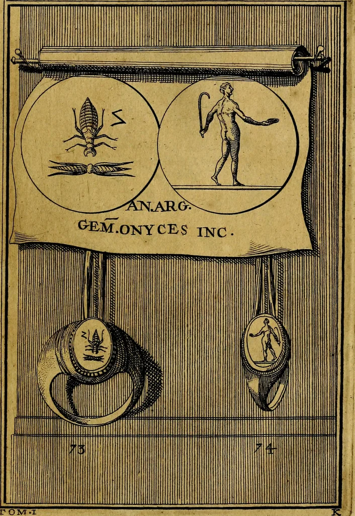 An illustration from Dactyliothecae, seu Annulorum sigillarium quorum priscos tam Graecos quam Romanos usus, ex ferro, aere, argento & auro promptuarii ... Collectis aliunde & ineditis & editis annulorum figuris auctior;, 1695, leaf 78