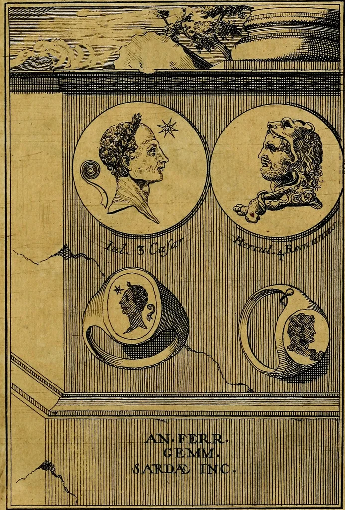 An illustration from Dactyliothecae, seu Annulorum sigillarium quorum priscos tam Graecos quam Romanos usus, ex ferro, aere, argento & auro promptuarii ... Collectis aliunde & ineditis & editis annulorum figuris auctior;, 1695, leaf 8