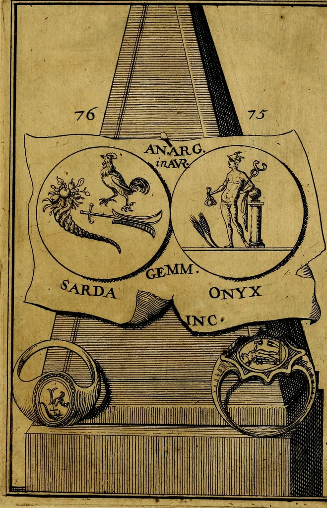 An illustration from Dactyliothecae, seu Annulorum sigillarium quorum priscos tam Graecos quam Romanos usus, ex ferro, aere, argento & auro promptuarii ... Collectis aliunde & ineditis & editis annulorum figuris auctior;, 1695, leaf 80