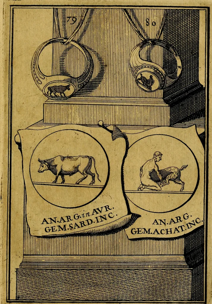 An illustration from Dactyliothecae, seu Annulorum sigillarium quorum priscos tam Graecos quam Romanos usus, ex ferro, aere, argento & auro promptuarii ... Collectis aliunde & ineditis & editis annulorum figuris auctior;, 1695, leaf 84