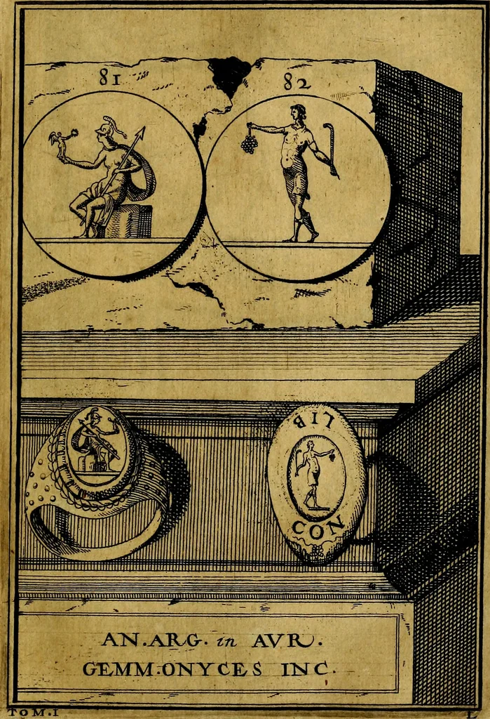 An illustration from Dactyliothecae, seu Annulorum sigillarium quorum priscos tam Graecos quam Romanos usus, ex ferro, aere, argento & auro promptuarii ... Collectis aliunde & ineditis & editis annulorum figuris auctior;, 1695, leaf 86