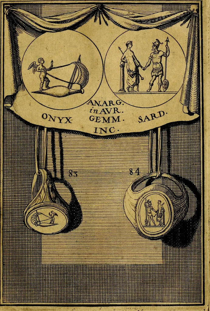 An illustration from Dactyliothecae, seu Annulorum sigillarium quorum priscos tam Graecos quam Romanos usus, ex ferro, aere, argento & auro promptuarii ... Collectis aliunde & ineditis & editis annulorum figuris auctior;, 1695, leaf 88