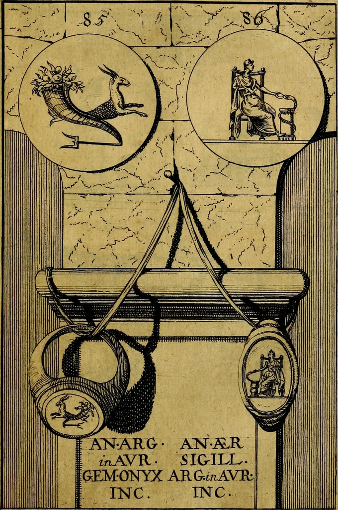 An illustration from Dactyliothecae, seu Annulorum sigillarium quorum priscos tam Graecos quam Romanos usus, ex ferro, aere, argento & auro promptuarii ... Collectis aliunde & ineditis & editis annulorum figuris auctior;, 1695, leaf 90