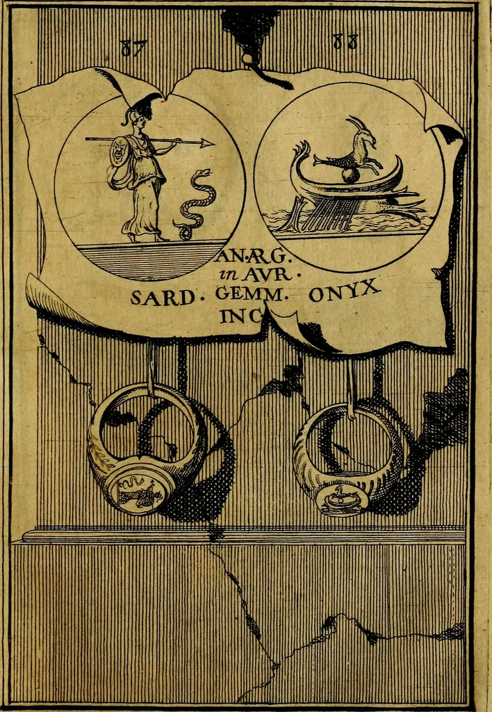 An illustration from Dactyliothecae, seu Annulorum sigillarium quorum priscos tam Graecos quam Romanos usus, ex ferro, aere, argento & auro promptuarii ... Collectis aliunde & ineditis & editis annulorum figuris auctior;, 1695, leaf 92