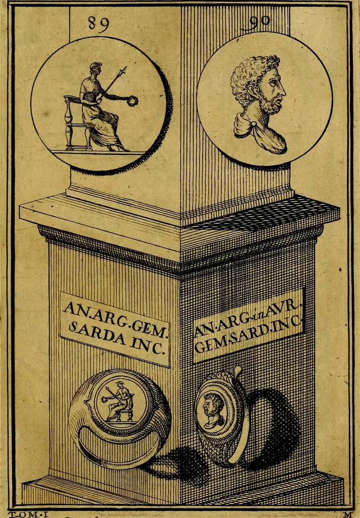 An illustration from Dactyliothecae, seu Annulorum sigillarium quorum priscos tam Graecos quam Romanos usus, ex ferro, aere, argento & auro promptuarii ... Collectis aliunde & ineditis & editis annulorum figuris auctior;, 1695, leaf 94