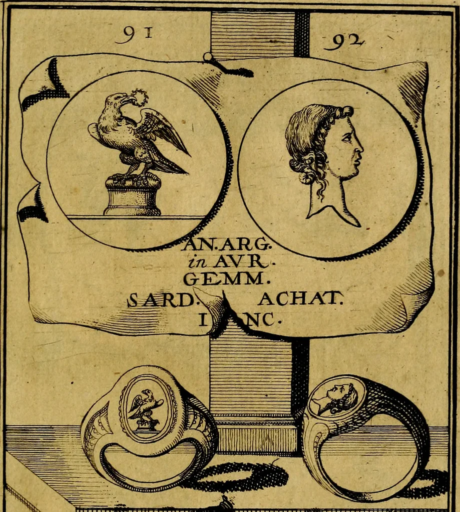 An illustration from Dactyliothecae, seu Annulorum sigillarium quorum priscos tam Graecos quam Romanos usus, ex ferro, aere, argento & auro promptuarii ... Collectis aliunde & ineditis & editis annulorum figuris auctior;, 1695, leaf 96