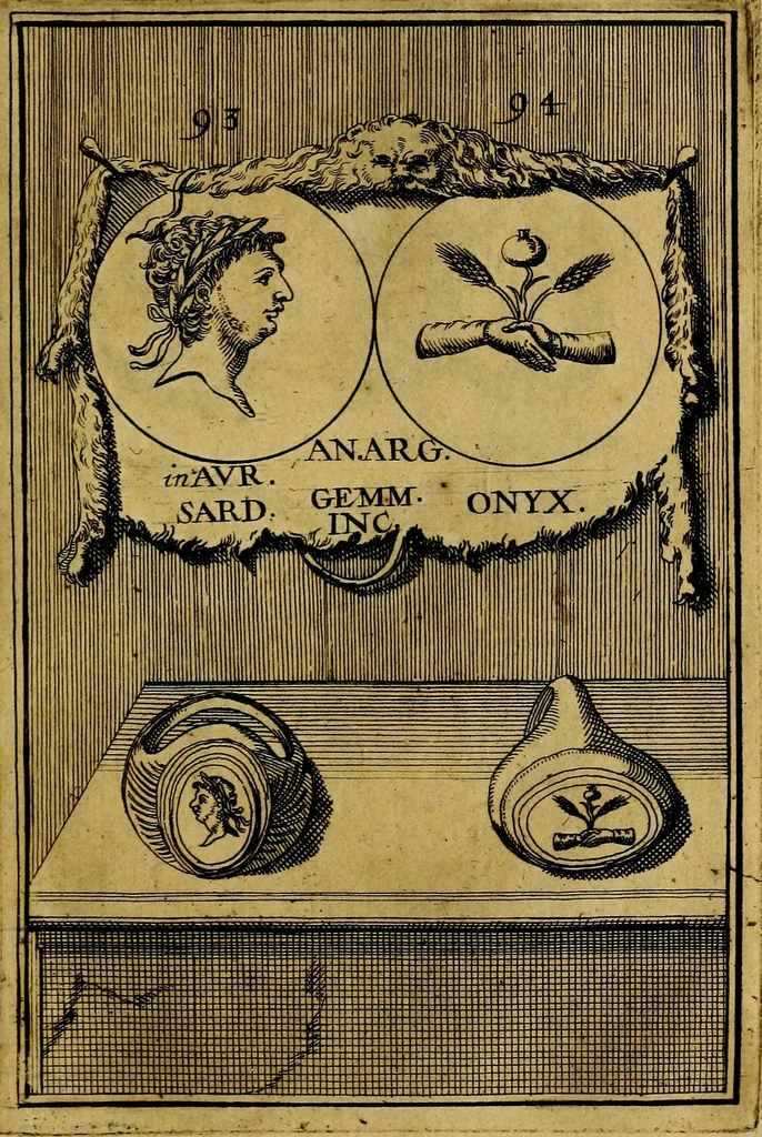 An illustration from Dactyliothecae, seu Annulorum sigillarium quorum priscos tam Graecos quam Romanos usus, ex ferro, aere, argento & auro promptuarii ... Collectis aliunde & ineditis & editis annulorum figuris auctior;, 1695, leaf 98