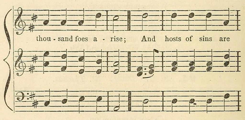 An illustration from Dakota odowan : Hymns in the Dakota language, with tunes, 1868, leaf 108