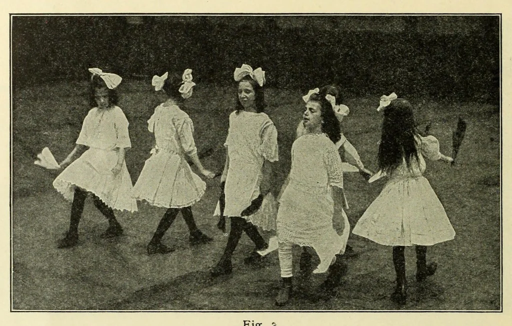 An illustration from Dances of the people : a second volume of Folk-dances and singing games; containing twenty-eight folk-dances of the United States, Ireland, England, Scotland, Norway, Sweden, Denmark, Finland, Germany, and Switzerland; with the music, full directions for performance and numerous illustrations, 1913, leaf 18