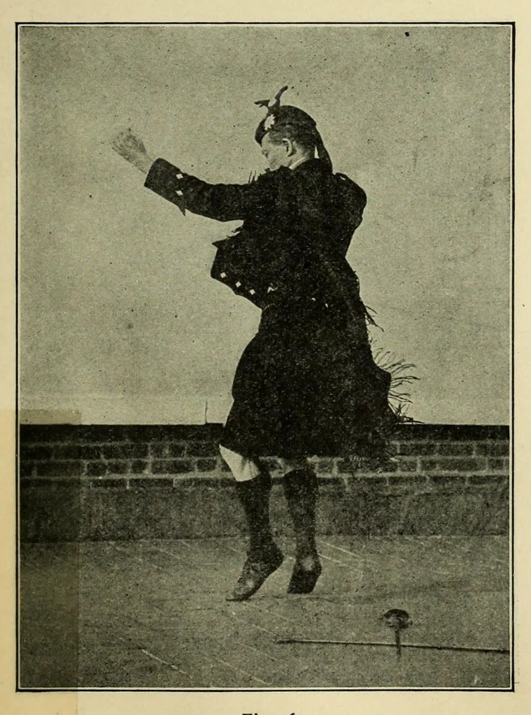 An illustration from Dances of the people : a second volume of Folk-dances and singing games; containing twenty-eight folk-dances of the United States, Ireland, England, Scotland, Norway, Sweden, Denmark, Finland, Germany, and Switzerland; with the music, full directions for performance and numerous illustrations, 1913, leaf 45