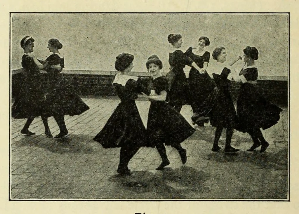 An illustration from Dances of the people : a second volume of Folk-dances and singing games; containing twenty-eight folk-dances of the United States, Ireland, England, Scotland, Norway, Sweden, Denmark, Finland, Germany, and Switzerland; with the music, full directions for performance and numerous illustrations, 1913, leaf 76